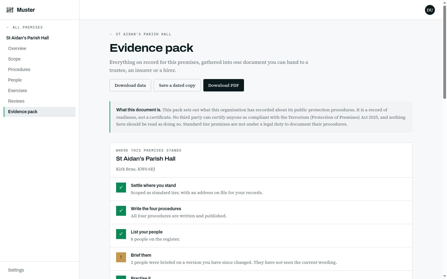 Screenshot of the evidence pack summary page, showing readiness checkpoints, procedures, register and exercises for one premises.